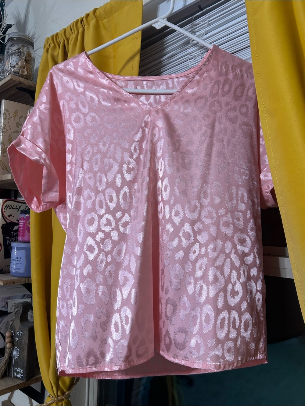 Satin Pink Leopard-Print Short Sleeve Women's Top